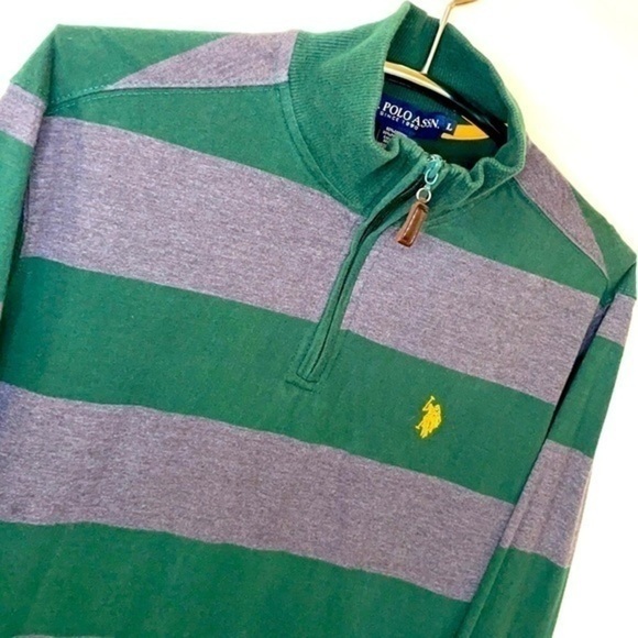 U. S. POLO ASSN. | Men’s Green & Gray Horizontal Striped Quarter Zip Long Sleeve - Picture 2 of 6